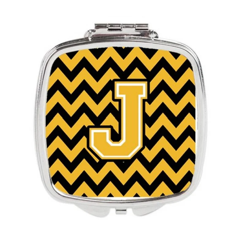 Carolines Treasures CJ1053-JSCM Letter J Chevron Black & Gold Compact Mirror, 3 x 0.3 x 2.75 in.