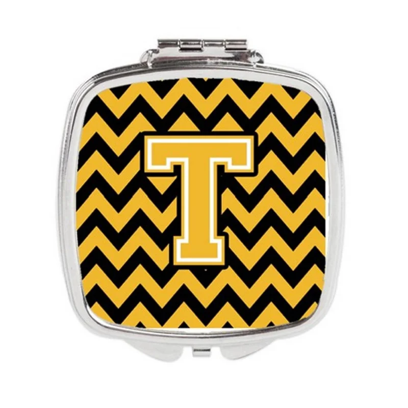 Carolines Treasures CJ1053-TSCM Letter T Chevron Black & Gold Compact Mirror, 3 x 0.3 x 2.75 in.