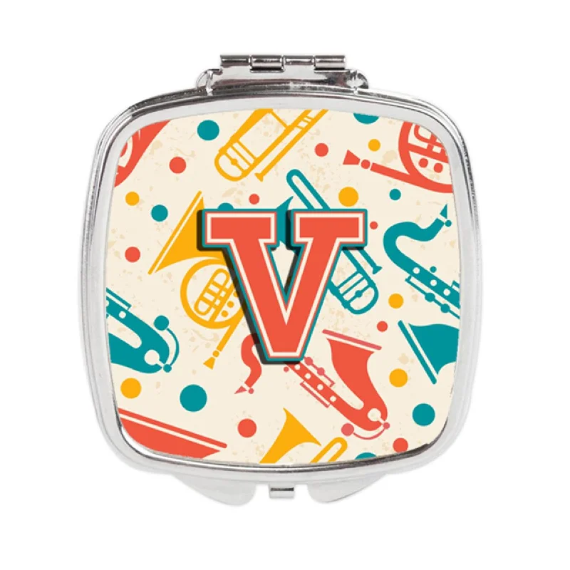 Carolines Treasures CJ2001-VSCM Letter V Retro Teal Orange Musical Instruments Initial Compact Mirror