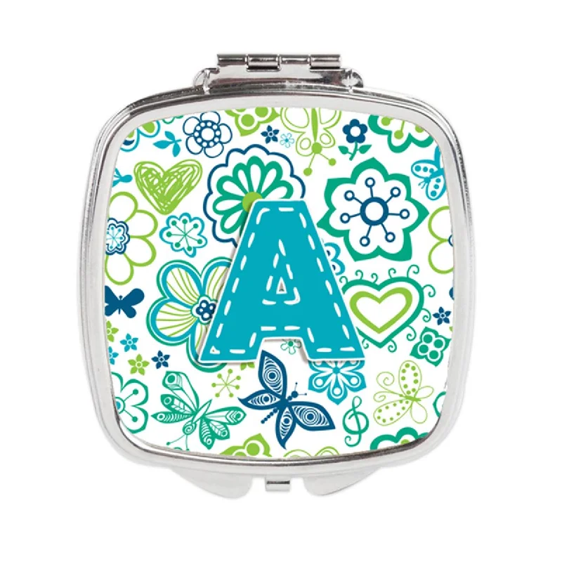 Carolines Treasures CJ2006-ASCM Letter a Flowers & Butterflies Teal Blue Compact Mirror