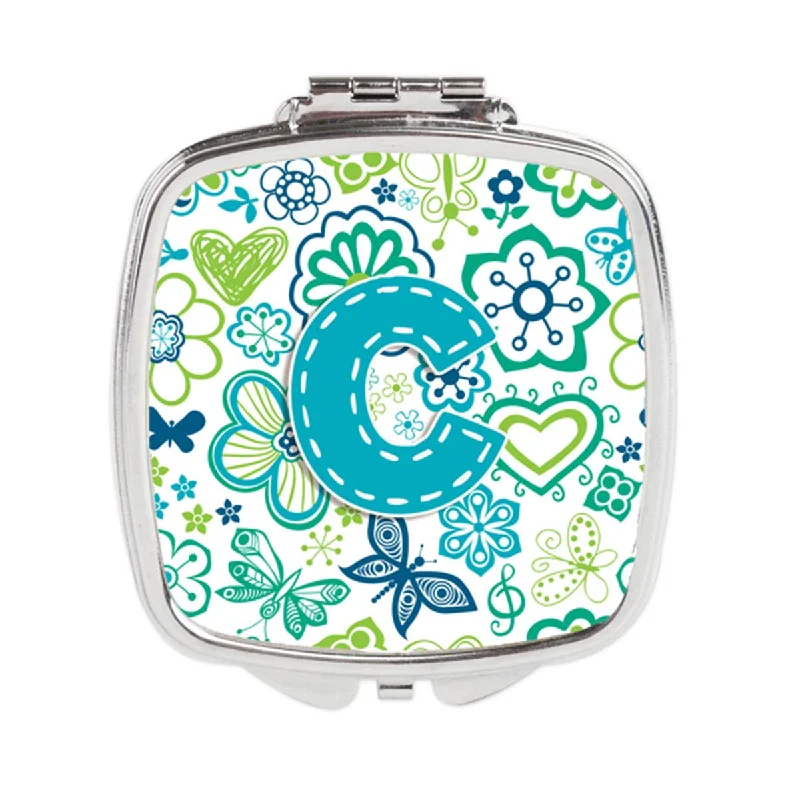 Carolines Treasures CJ2006-CSCM Letter C Flowers & Butterflies Teal Blue Compact Mirror