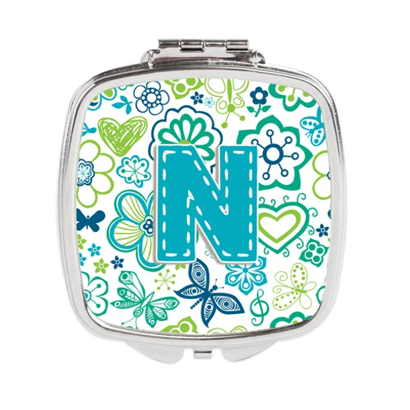 Carolines Treasures CJ2006-NSCM Letter N Flowers & Butterflies Teal Blue Compact Mirror