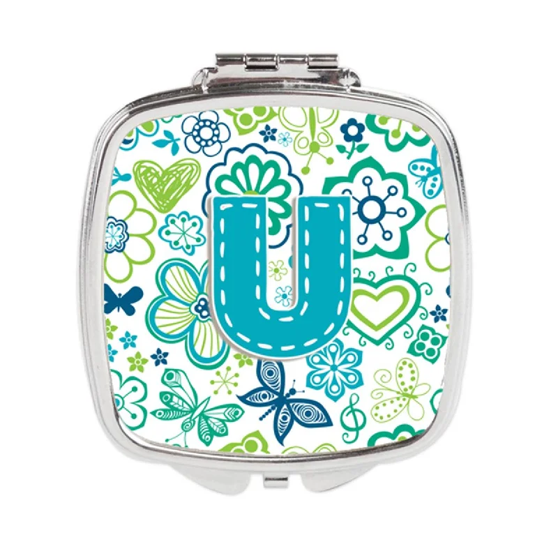 Carolines Treasures CJ2006-USCM Letter U Flowers & Butterflies Teal Blue Compact Mirror