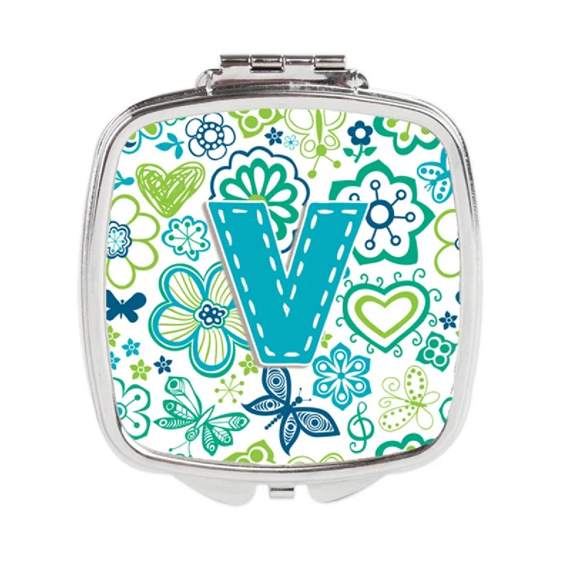 Carolines Treasures CJ2006-VSCM Letter V Flowers & Butterflies Teal Blue Compact Mirror