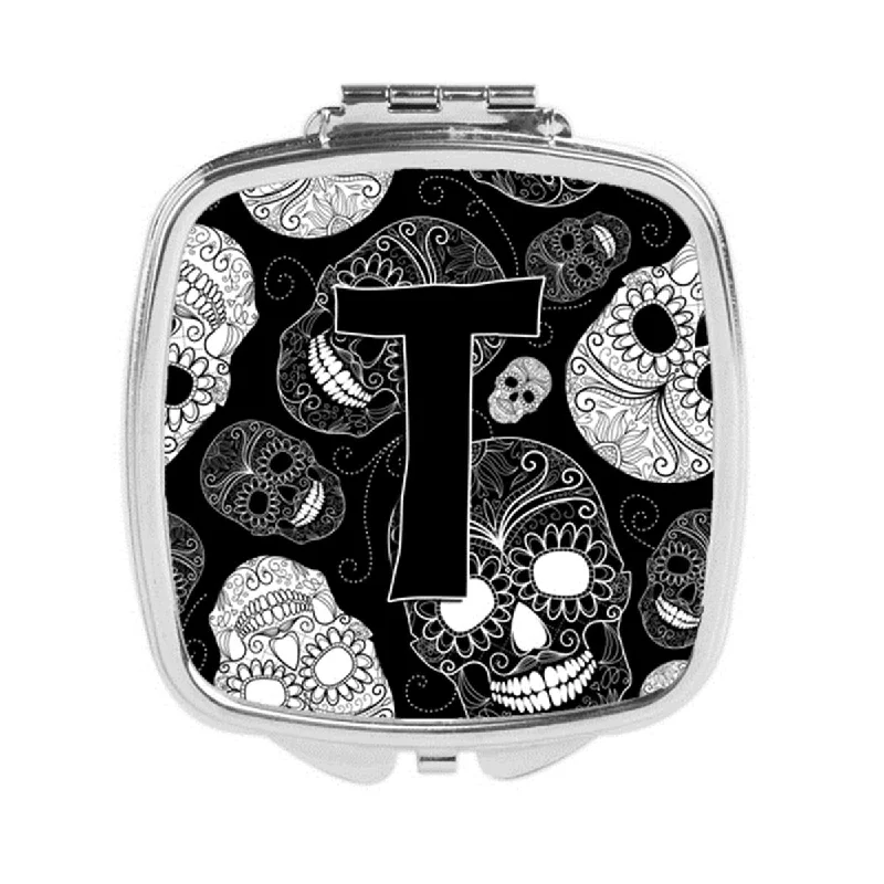 Carolines Treasures CJ2008-TSCM Letter T Day of the Dead Skulls Black Compact Mirror